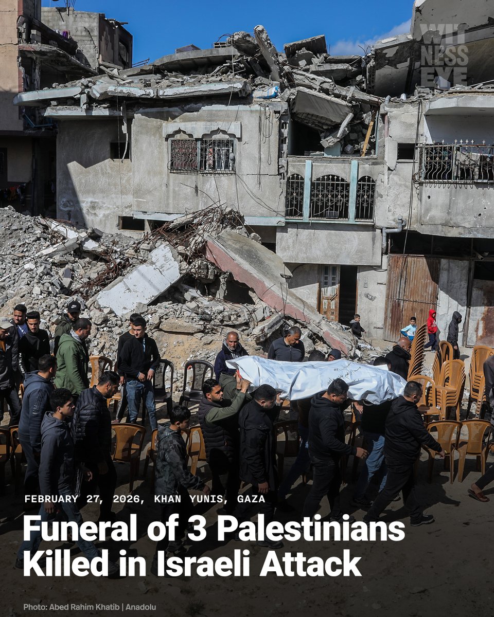 WitnessEye_Ch's tweet photo. 🟡 3 Palestinians killed in an Israeli attack, despite the ceasefire in Khan Yunis, Gaza.
🗓️ 27.02.2026
📍Khan Yunis, Gaza https://t.co/FDOVfQZ9dy