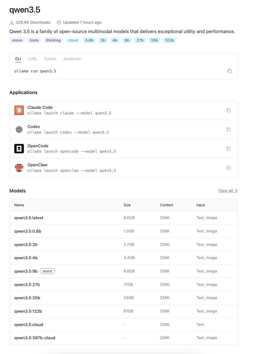 n_kamrun's tweet photo. China's Alibaba just dropped four new multimodal models that run on your laptop.

0.8B to 9B models. Same architecture as full Qwen 3.5.

Run it in just one command with Ollama.

100% Opensource. https://t.co/D3o6gSLMyX