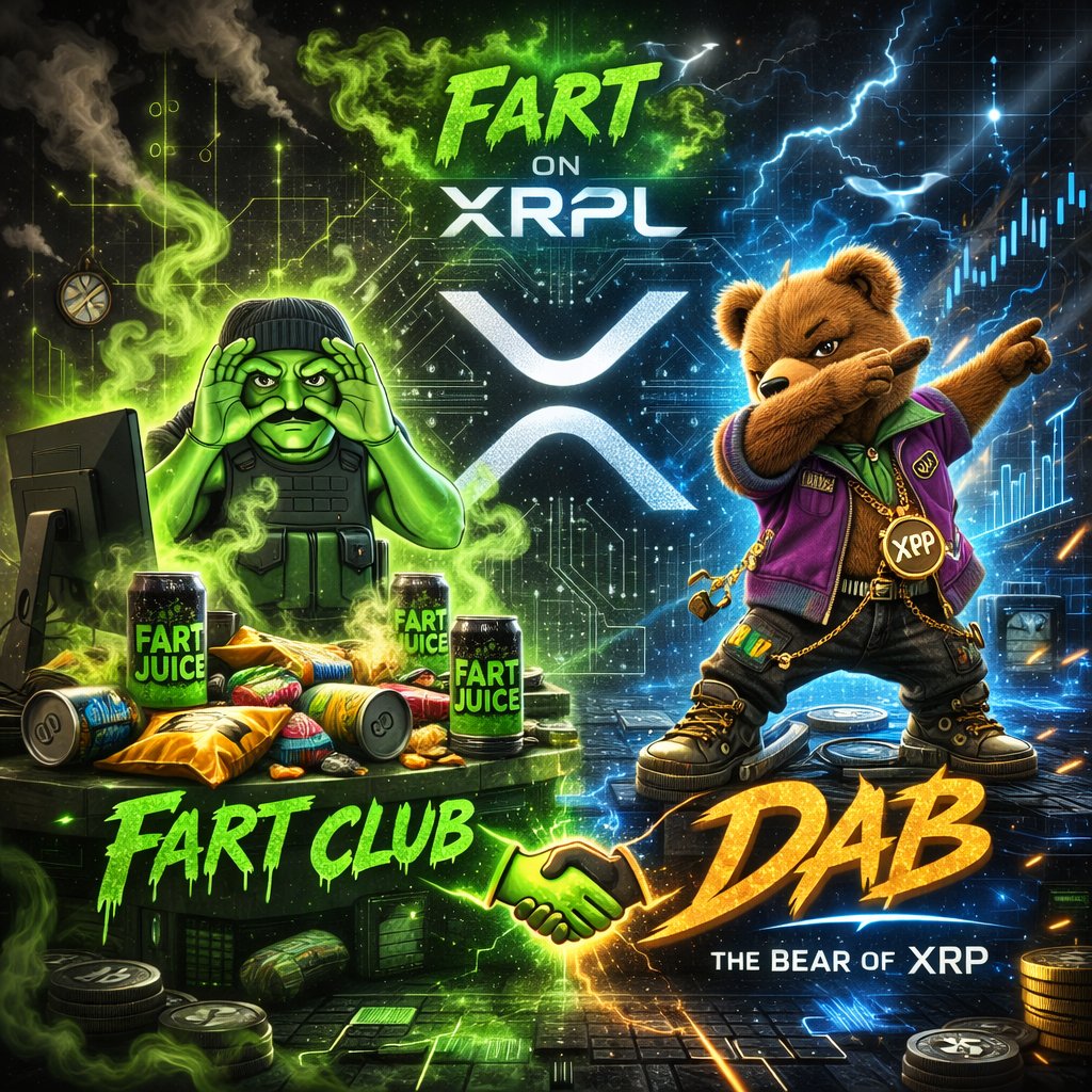 XRileyWave's tweet photo. $FART bringing the chaos, the community, the green cloud energy.
$DAB bringing the swagger, the drip, the bear market attitude.
And both building on XRPL where speed is instant and fees are basically dust.
Memes move markets.
Communities create  floors.
Collabs create narratives. https://t.co/vWI6LYryUs