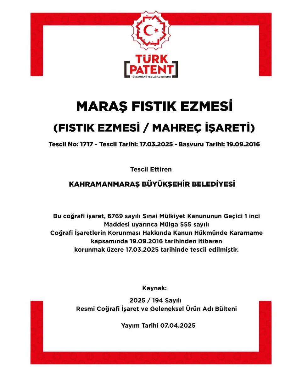 Kıymetli Hemşehrilerim;
Fıstık Ezmesi tescilimiz için açılan iptal davası mahkeme tarafından reddedildi. Kahramanmaraş Fıstık Ezmesi gibi bölgeye, Anadolu’ya, Türkiye’ye renk katan nice tescillerimiz olacak inşallah 😉

Biz çalışmalara devam ederken Instagram’da