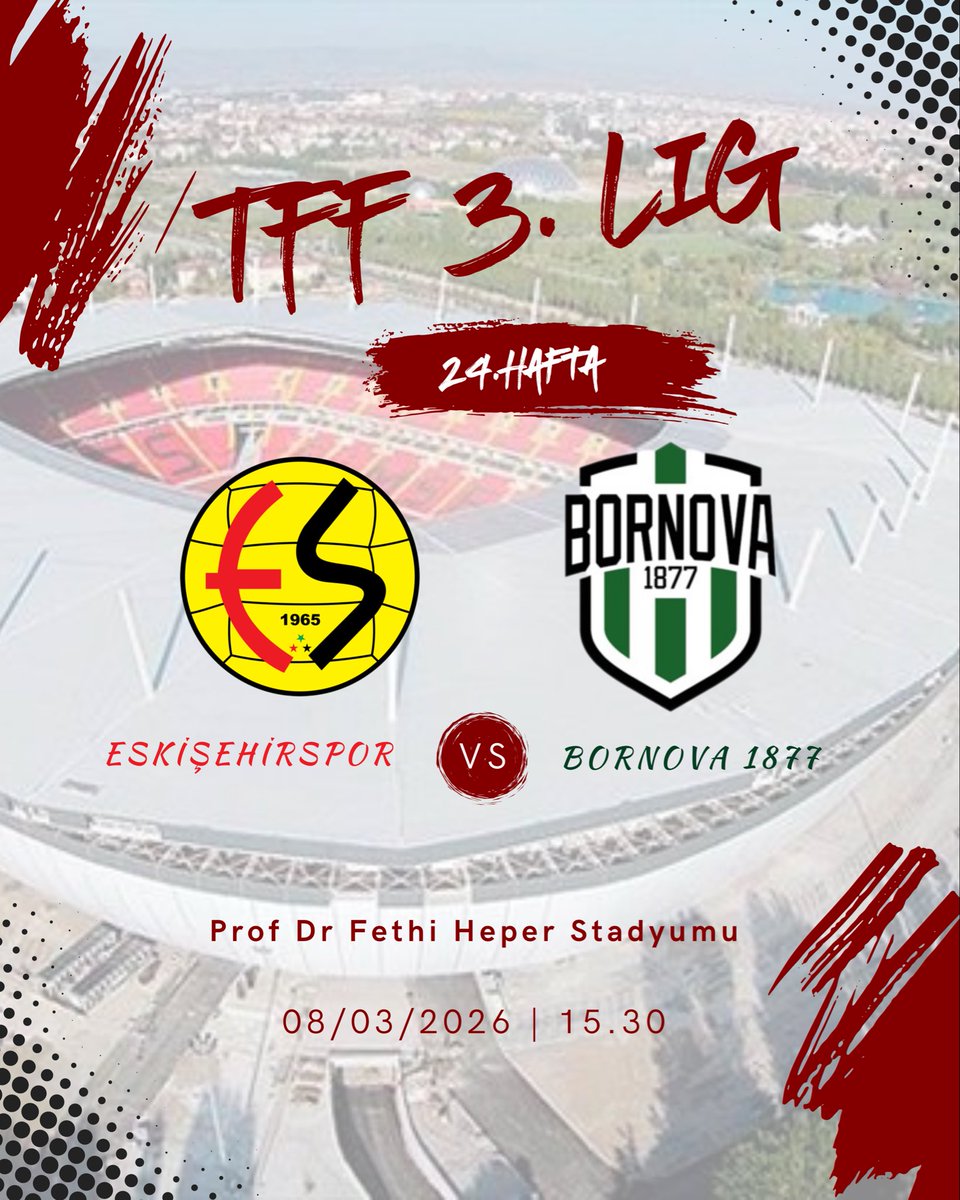 AnadoluFutbollu's tweet image. TFF 3. Lig  4. Grup   24. Hafta

Eskişehirspor 🆚 Bornova 1877
📅 08.03.2026
⏰ 15.30
🏟️ Prf Dr Fethi Heper Stadyumu

Maç Skoru Kaç Kaç Olur ?

#eses #Nefer #Eskişehirspor #Anadolufutbolu