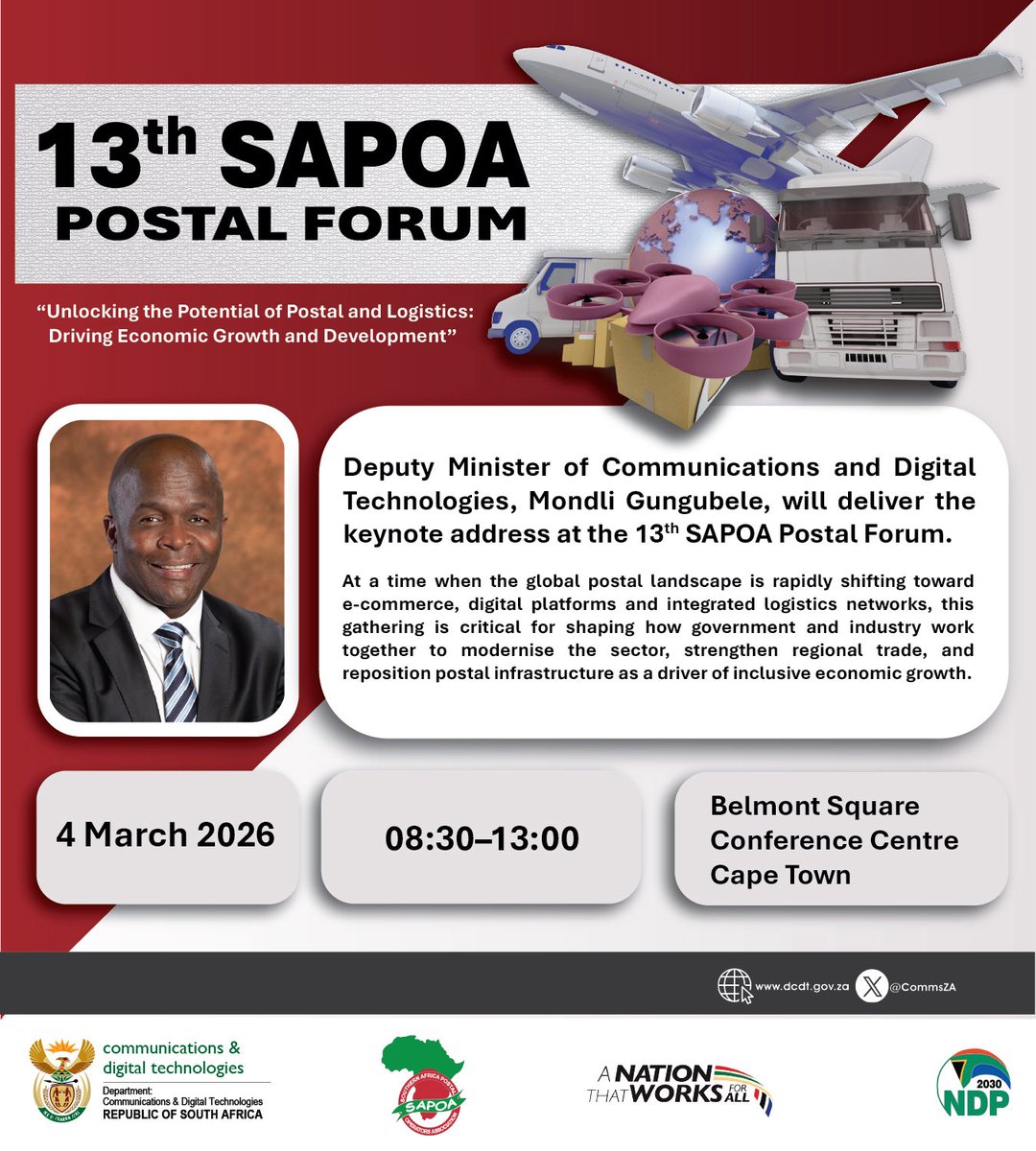 MondliGungubel_'s tweet image. Tomorrow, I will open the 13th Southern Africa Postal Operators Association (SAPOA) Postal Forum in Cape Town. 

The forum gathers postal operators to discuss industry trends, including digital transformation, e-commerce, and financial inclusion. 

#LeaveNoOneBehind 🇿🇦
@CommsZA