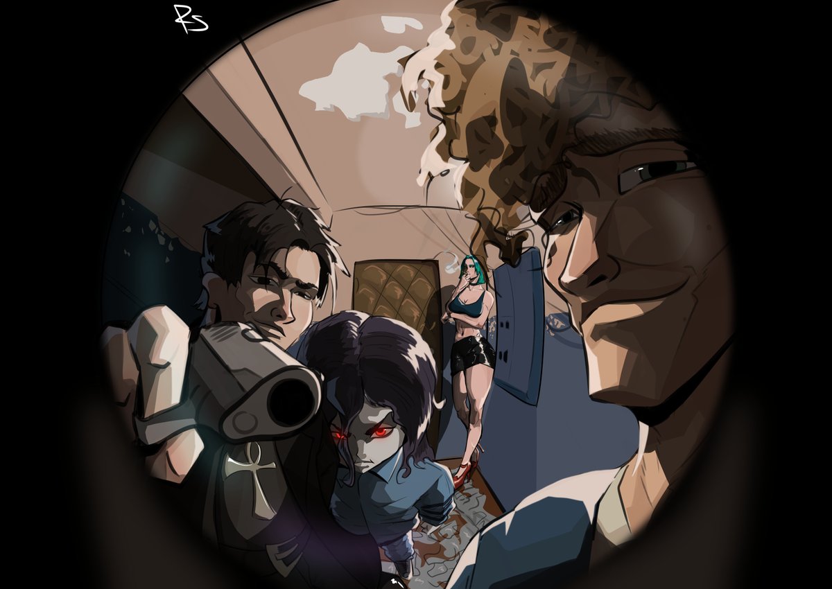 Big_SV13's tweet photo. My OC vampire hunter from Vampire: The Masquerade, And a whole pack of the same as a bonus😊 #VtM https://t.co/ag44vcGZee