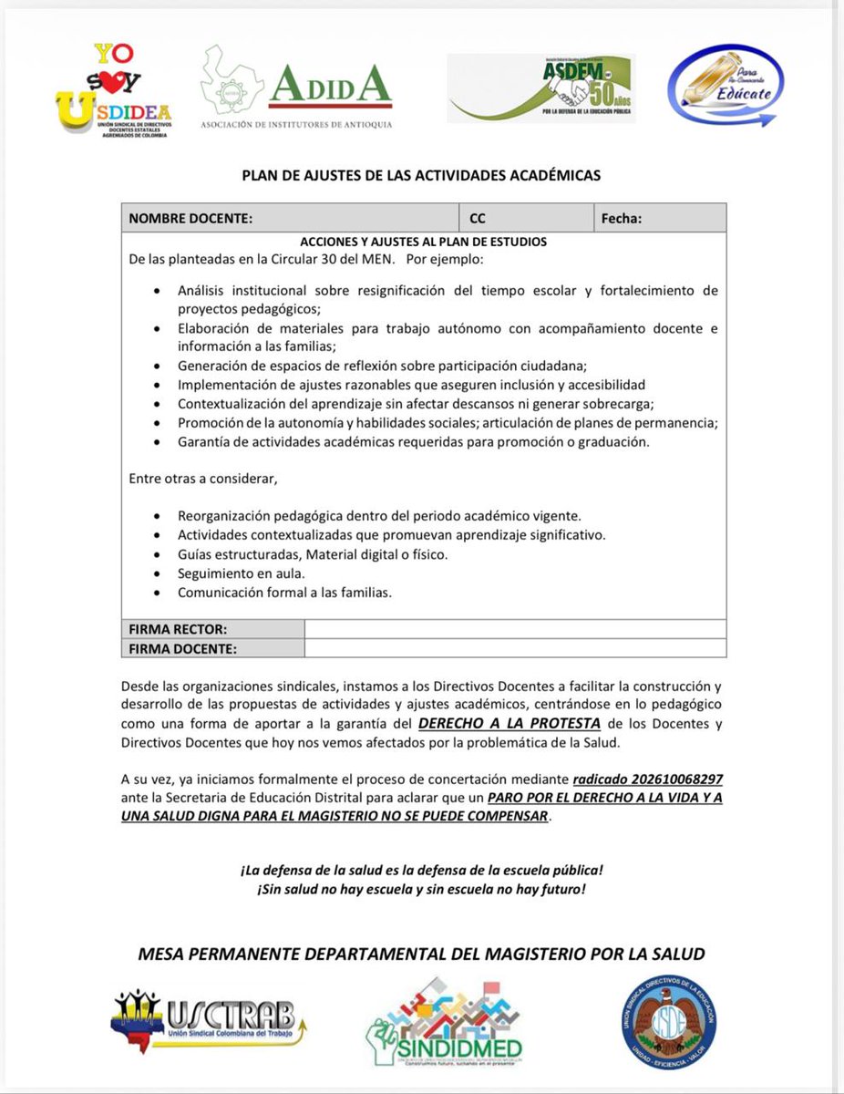 La defensa de la salud es la defensa de la escuela pública. ¡Sin salud no hay escuela y sin escuela no hay futuro! <a href="/Mineducacion/">MinEducación</a> <a href="/AlcaldiadeMed/">Alcaldía de Medellín</a> <a href="/GobAntioquia/">Gobernación de Antioquia</a>