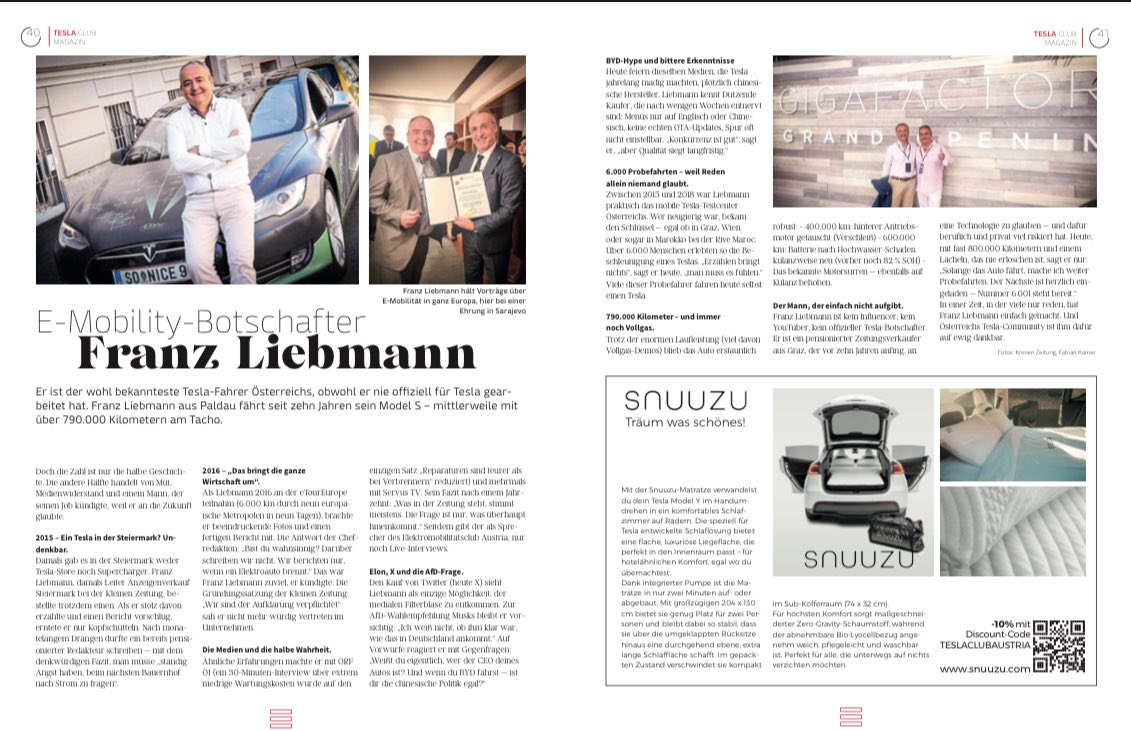 lipo1's tweet image. Thrilled to be featured with my own double-page spread in the same Tesla Club Magazine 🤗🚀 Big thanks @mayemusk for the awesome post – @elonmusk, what an honor to be part of this Tesla family! #Tesla #EMobility @TeslaClubAT