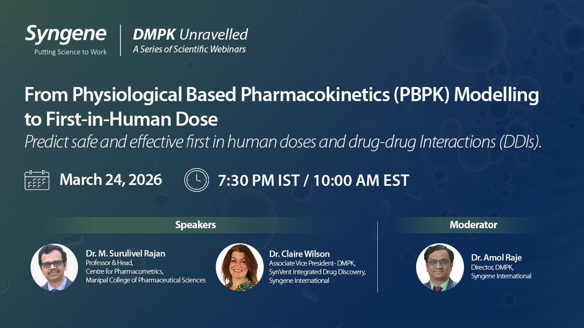 SyngeneIntl's tweet image. Predicting molecule behaviour goes beyond metabolism and clearance. 

Human dose prediction matters. Join this webinar to learn how PBPK modelling and dose prediction together strengthen DMPK decision‑making.

Register now: go.pardot.com/l/595011/2026-…

#DMPK #PBPK #WebinarSeries