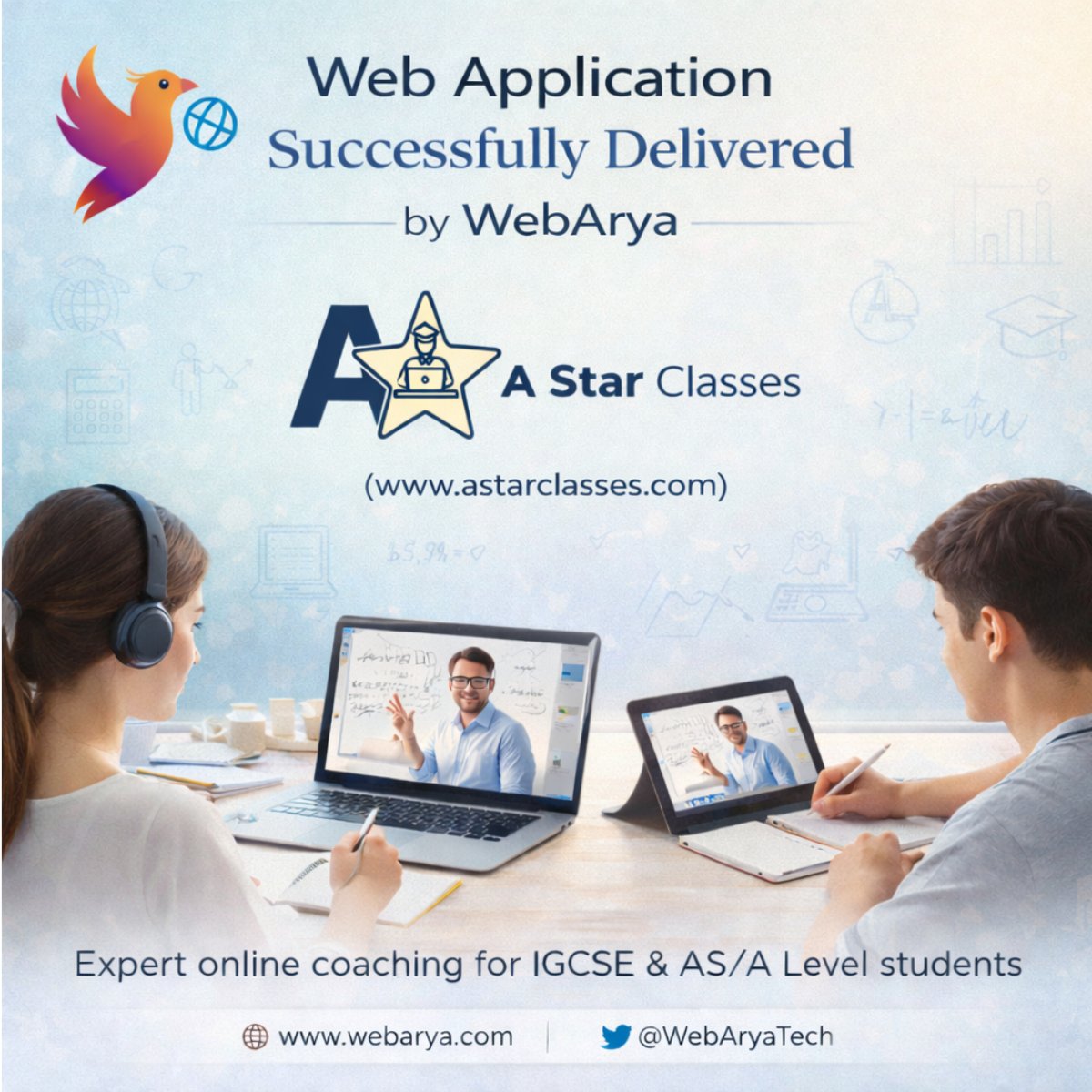 WebAryaTech's tweet photo. ๐ Web Application Successfully Delivered!
Proud to launch a modern, scalable web app for A Star Classes.
Built to power seamless online learning for IGCSE & AS/A Level students with performance and growth in mind.
Onward to academic excellence! ๐โจ
#WebApplication #EdTech https://t.co/mO12ZvpE9b
