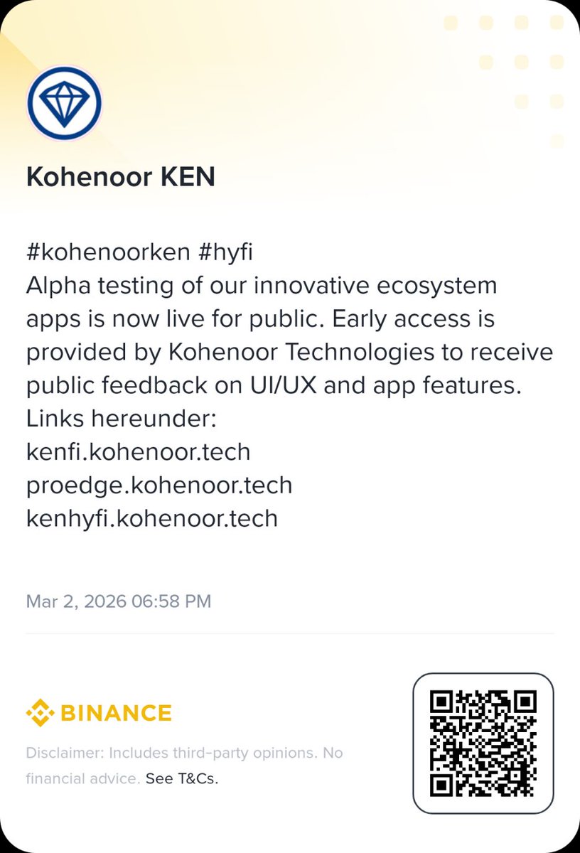 kohenoortoken's tweet photo. Dear all,
Join the team in testing the apps (Alpha Public Phase) and provide us with your valuable feedback for improvement before we enter beta testing.
Visit for details: https://t.co/5OshpVZFD0
#hyfi #kohenoorken #proedge #kenfi #Innovation https://t.co/TUfHXWUPw1