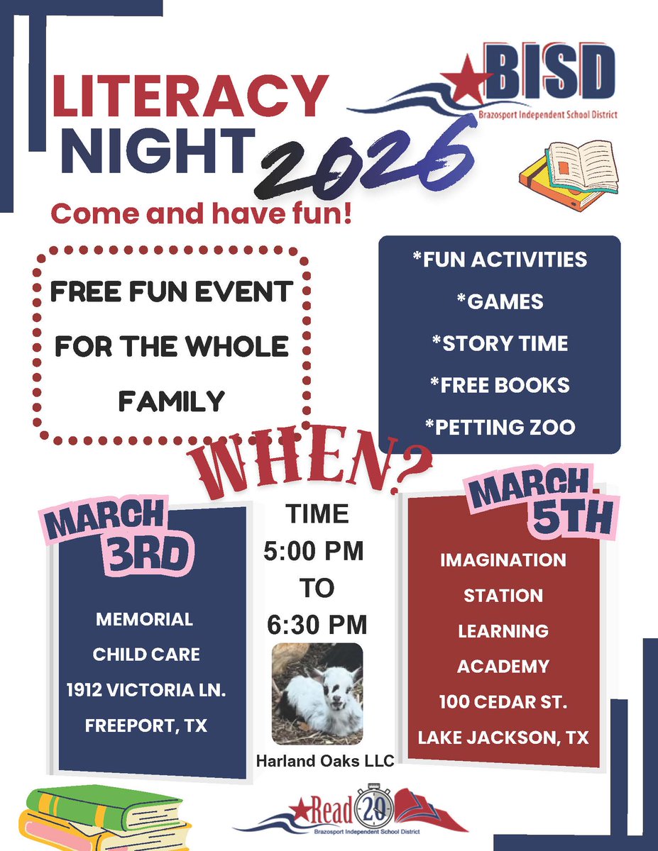 BrazosportISD's tweet photo. Tonight is our first of two Literacy Nights! Hope to see you there!!
5-6:30 PM at Memorial Child Care in Freeport #BISDLiteracyNight #BISDFamily #ReadersAreLeaders https://t.co/quNm2Ic9xl