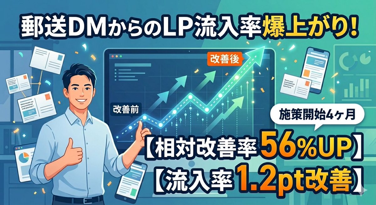 bpo_dm's tweet photo. 昨年末にとある企業様から「郵送DMからの LP流入率が低迷しているので何とかしたい」とのご相談。改善施策立案〜実施まで対応。実施から約4ヶ月経ち、諸々の数値を確認したら、改善前比で【相対改善率56%】と爆伸び。商材的に0.3〜0.5pt改善すれば上々とされる中で、【1.2pt改善】は素晴らしい！ https://t.co/twYyM2ztK5