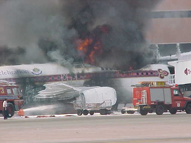 25YearsAgoLive's tweet photo. Thai Airways International Flight 114, a Boeing 737, explodes at the gate in Bangkok due to a fuel tank malfunction. 

One crew member, a flight attendant, is killed. https://t.co/89ip8O4kPw