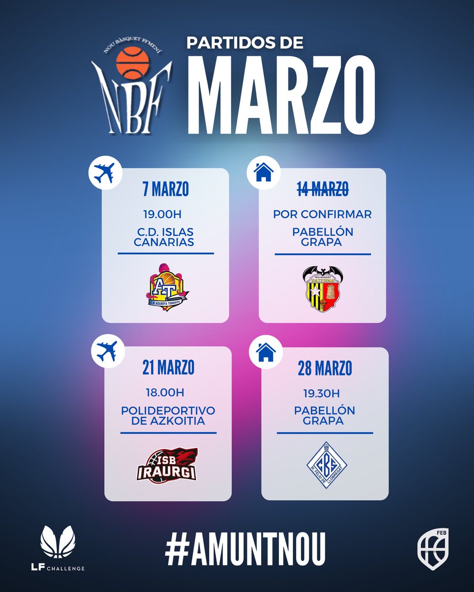 NBF_Castello's tweet photo. 🗓️ 𝗣𝗔𝗥𝗧𝗜𝗗𝗢𝗦 𝗗𝗘 𝗠𝗔𝗥𝗭𝗢 | #LFChallenge 🗓️
✍🏽 ¡Apunta las fechas y no te los pierdas!
👏🏽¡𝗢𝗦 𝗘𝗦𝗣𝗘𝗥𝗔𝗠𝗢𝗦 𝗘𝗡 𝗚𝗥𝗔𝗣𝗔 𝗠𝗔𝗥𝗘𝗔 𝗔𝗭𝗨𝗟!
#amuntnou🩵🩷 #OrgulloDeClub https://t.co/g8Dn6IwrlJ