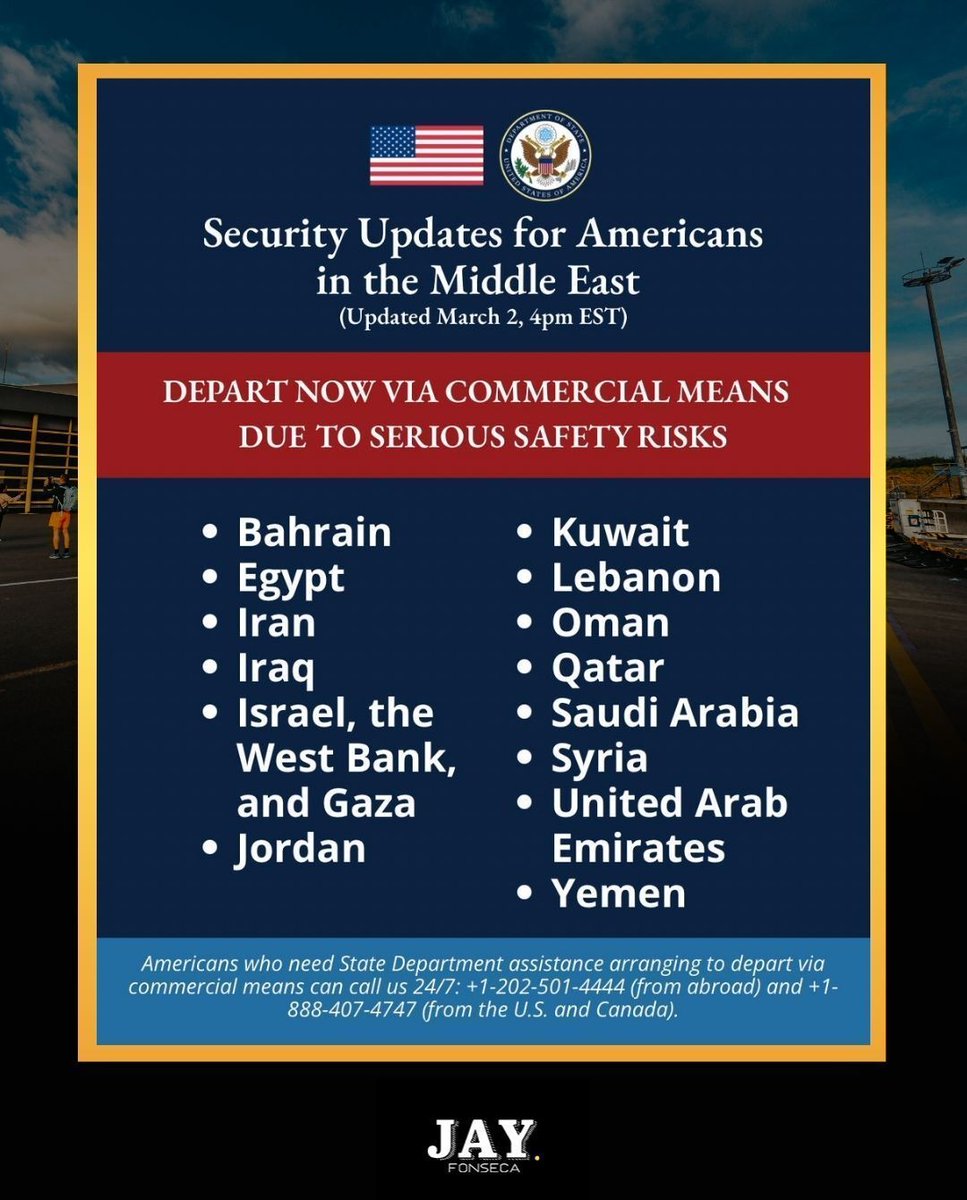 jayfonsecapr's tweet photo. ⚠️ El Departamento de Estado de Estados Unidos urgió a los ciudadanos estadounidenses en 14 países del Medio Oriente a salir de la región por “serios riesgos de seguridad” tras el ataque conjunto de EE.UU. e Israel contra Irán.

🌍📞 Las autoridades indicaron que quienes necesiten asistencia consular pueden comunicarse al +1-202-501-4444.

🗣️ El secretario de Estado Marco Rubio advirtió que “los golpes más duros aún están por venir” por parte del ejército estadounidense.

🚢 Mientras tanto, un comandante iraní amenazó con atacar embarcaciones que crucen el estratégico Estrecho de Ormuz, lo que podría escalar aún más el conflicto en la región.

👉Desliza para ver los países.

Fuente: Wall Street Journal

#DepartamentoEstado #MedioOriente #EstadosUnidos #Israel #Iran