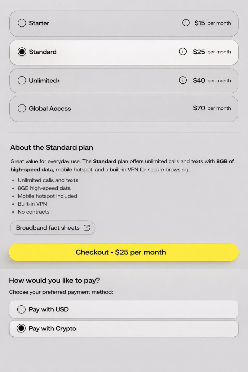 Most mobile carriers won’t let you do this...

I just selected a $25/month plan
Unlimited calls &amp; texts
8GB high-speed data
Built-in VPN
No contracts

And then I clicked...

“Pay with Crypto”

Yes... For my phone bill 🔥

While legacy telecoms are still billing like it’s 2005