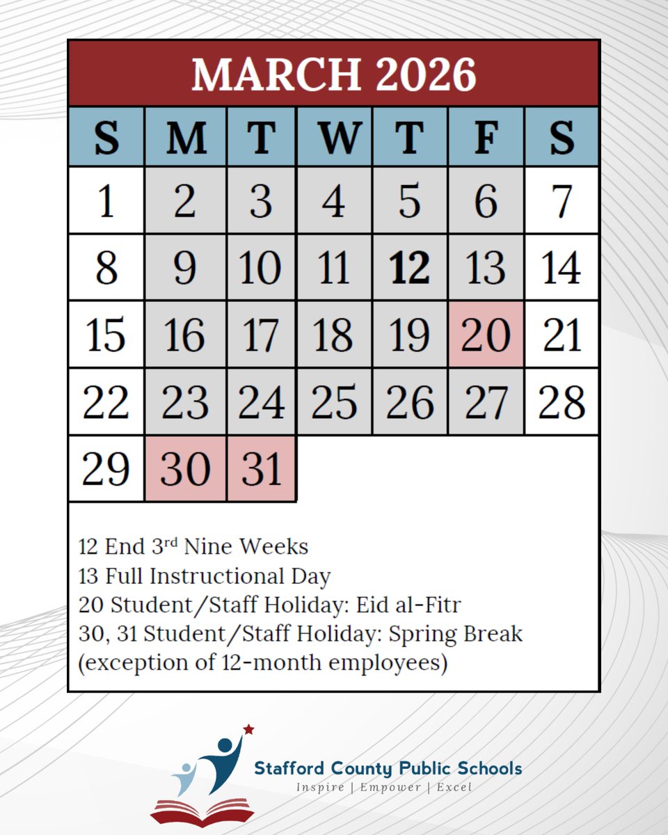 SCPSchools's tweet photo. Stafford County schools will serve as polling locations on April 21 due to the Special Election. March 13 will now be a regular school day (X-Day), and April 21 will be a Staff Work Day. Grade reports will be delivered on March 26. #CalendarUpdate https://t.co/i0hVQdq9qh