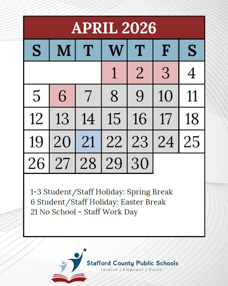 SCPSchools's tweet photo. Stafford County schools will serve as polling locations on April 21 due to the Special Election. March 13 will now be a regular school day (X-Day), and April 21 will be a Staff Work Day. Grade reports will be delivered on March 26. #CalendarUpdate https://t.co/i0hVQdq9qh