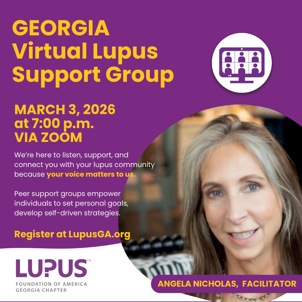 LupusGeorgia's tweet photo. Be part of a safe space where you can share and be heard. In a support group, there is no judgment—only understanding, compassion, and connection. Join the Virtual Lupus Support Group tonight at 7:00 p.m. EST. To register, go to https://t.co/lRKMzTre5E. #lupus #lupusga https://t.co/A95gtnLoZ5