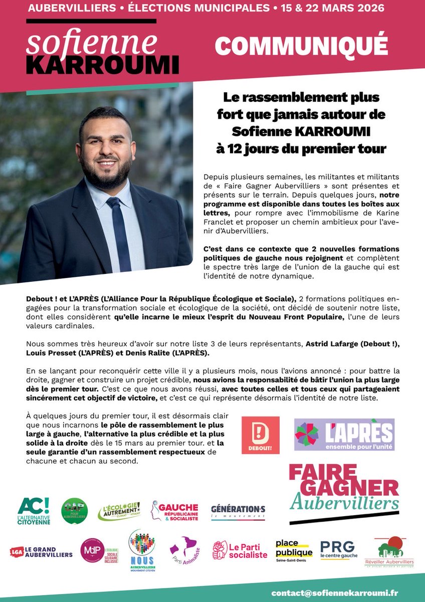 🔴 L'UNION S'ÉLARGIT ENCORE !

À 12 jours du 1er tour, la dynamique autour de « Faire Gagner #Aubervilliers » se poursuit et s’amplifie !

Je suis fier d'annoncer aujourd’hui le ralliement de deux nouvelles formations politiques de gauche : « Debout ! » et « L’APRÈS ».