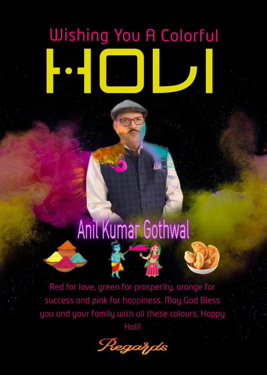 Anilkgothw's tweet photo. रंगों का यह त्योहार आपके जीवन में नई उम्मीद और नई खुशियां लेकर आए। हर दिन सफलता और आनंद से भरा रहे। आपको होली की ढेरों शुभकामनाएं। 🎉 सादर🙏 अनिल कुमार गोठवाल https://t.co/LKByS0kI8R
