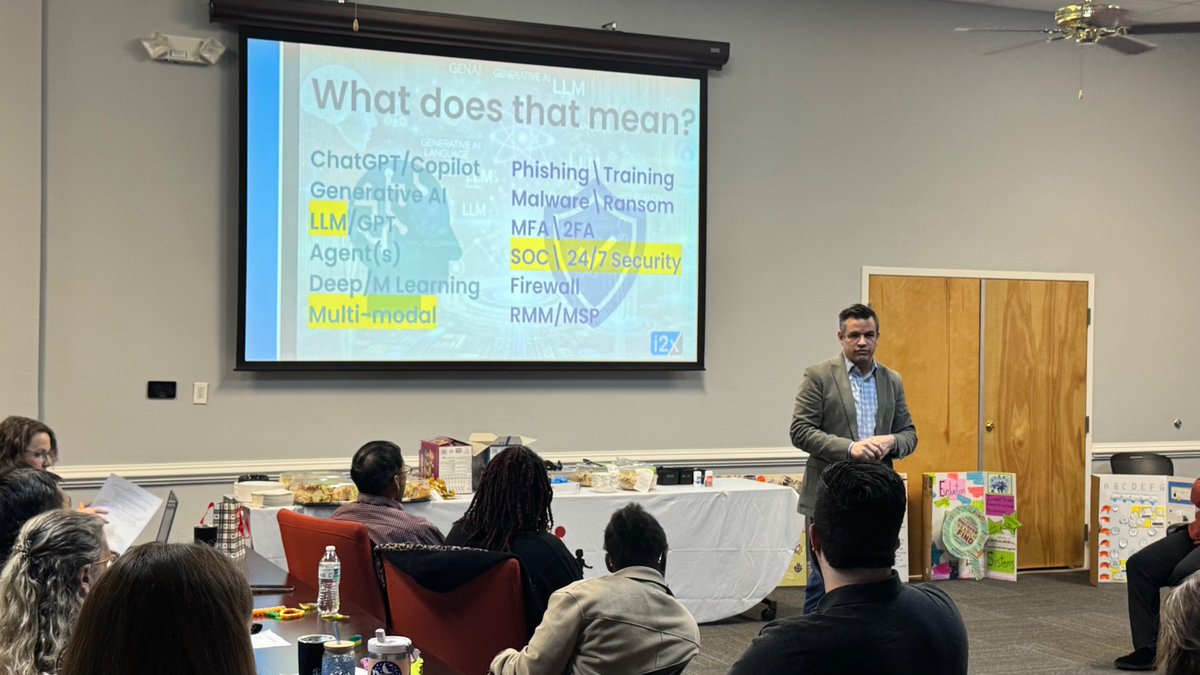 i2xsolutions's tweet photo. Bryan had the opportunity to present on cybersecurity and AI to the team at The Ounce of Prevention Fund of Florida, a group doing critical work for children and families across the state. π‘οΈ
#UnderstandingAI #CyberSecurity #StayProtected #ITSupport #i2x #i2xSolutions https://t.co/Md34cUD1w5