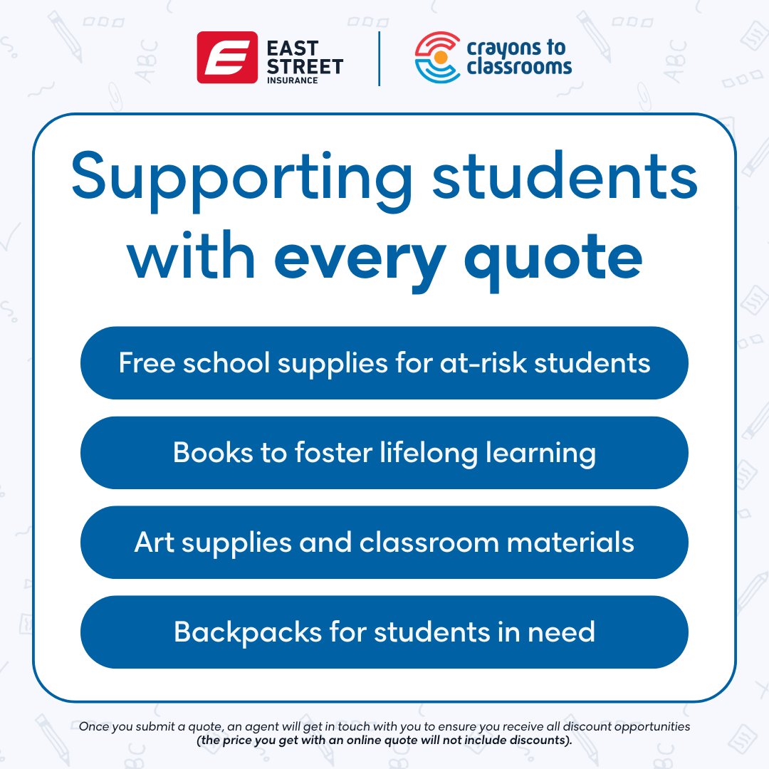 EastStreetIns's tweet photo. Did you know getting a quote with us helps local students? 📚 

Through our Crayons to Classrooms partnership, your quote helps provide free school supplies, books, art materials and backpacks to Ohio students in need. 

Get your quote today: https://t.co/10XnpORDLW https://t.co/1zOsjhF2aQ