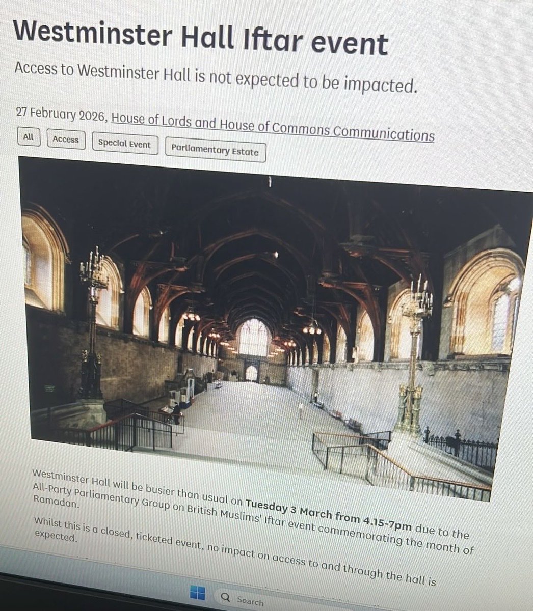 Today, Parliament’s British Muslim group is hosting an ‘Iftar’ in Westminster Hall to commemorate Ramadan.

Westminster Hall was built over 1,000 years ago in 1097 for King William II.

To those who have the audacity to claim Britain hasn’t been colonised be immigrants… wake up.