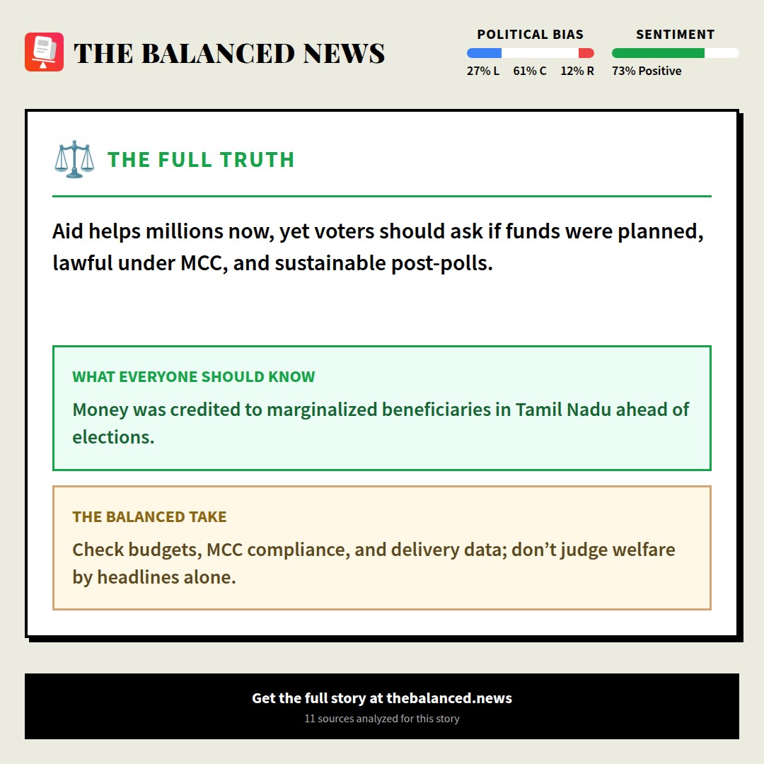 balancednews24's tweet photo. What are outlets leaving out?

Tamil Nadu Credits Special Financial Aid to Over 37 Lakh Marginalized Beneficiaries Ahead of Elections

11 articles — same story, different details.

L:27% C:61% R:12%

#thebalancednews https://t.co/Eq3Fn5yE9g