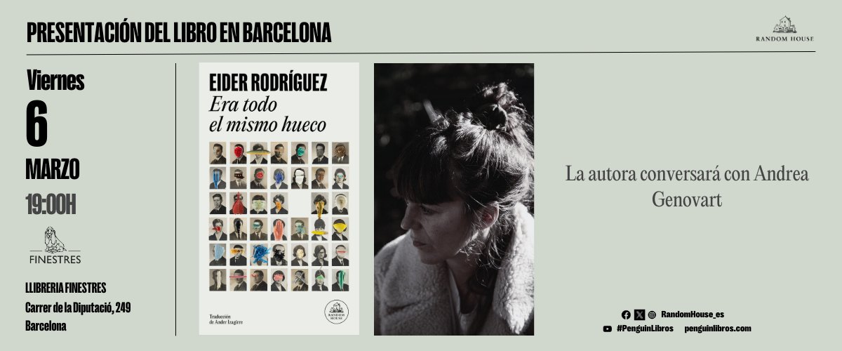 ¡Barcelona! 📚

Presentamos ‘Era todo el mismo hueco’, de Eider Rodríguez. La autora conversará con <a href="/andreagenovart_/">Andrea Genovart</a> 

🗓 Viernes 6 de marzo · 19:00 h
📍 <a href="/Ll_Finestres/">Llibreria Finestres</a> (c/ Diputació, 249)

¡Os esperamos!