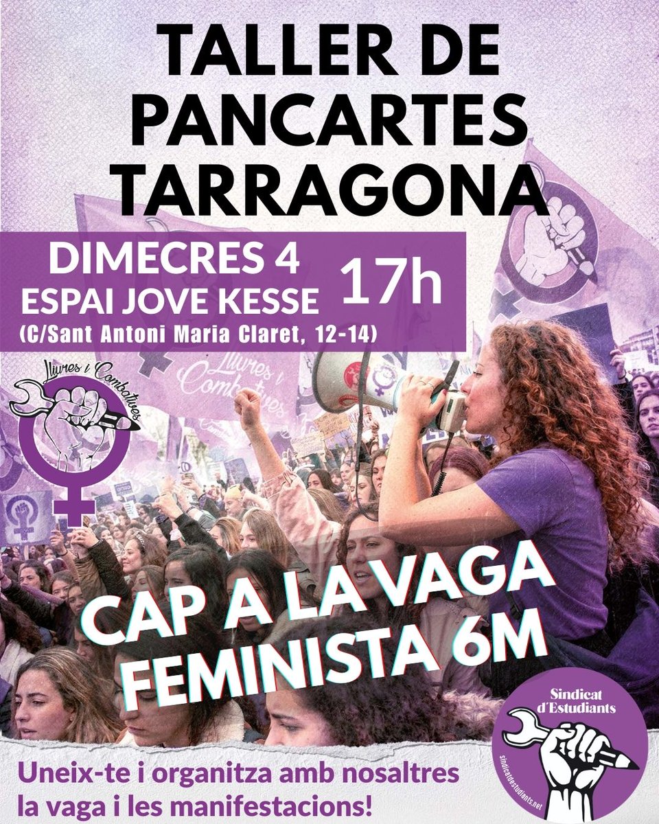 🟣 Vine al taller de pancartes feministes a TARRAGONA demà a partir de les 17h a l'Espai Jove Kesse! Organitza la vaga 6M amb nosaltres! Ja n'hi ha prou de violència masclista! Organitzem el feminisme antifeixista!✊🏾