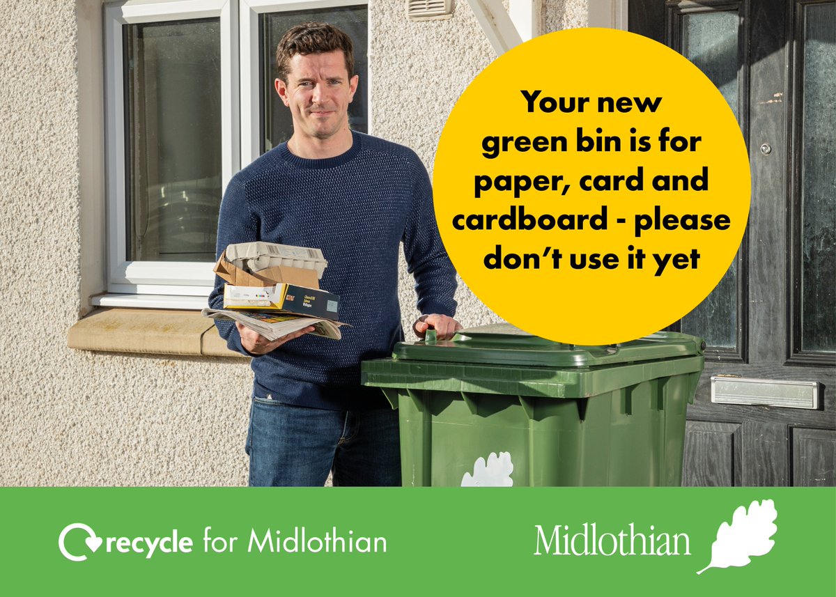 midgov's tweet photo. Your new green bins is for paper, card and cardboard, but remember: do not put anything in it until the new service starts from March 23. Look out for leaflets being posted soon with details of the new service. Find out more at https://t.co/Bkq4hA9bPK https://t.co/mlDOxmshF6