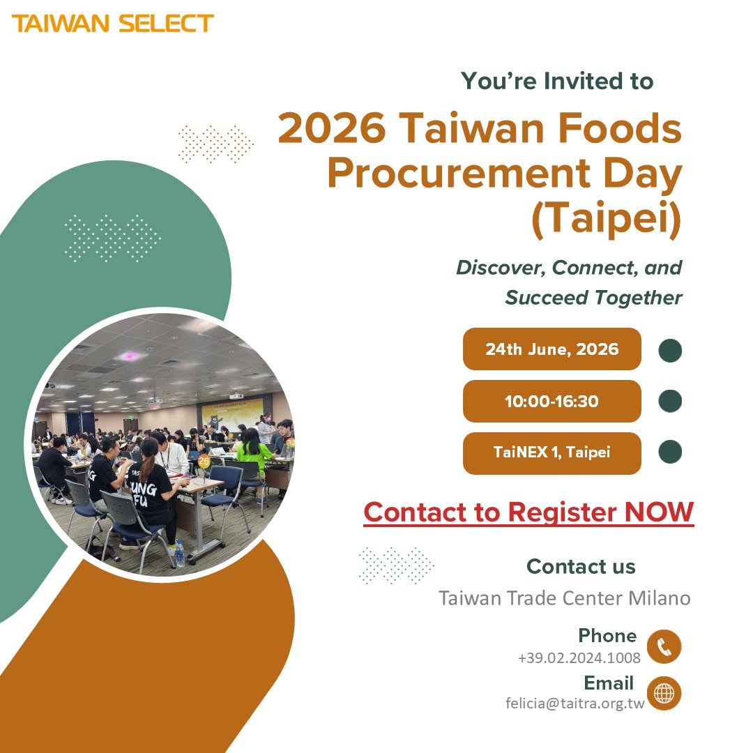TTCMilano's tweet photo. È tornato l’appuntamento annuale dedicato al sourcing di prodotti alimentari, tè e bevande di alta qualità provenienti da Taiwan. Contattare il Taiwan Trade Center Milano per ricevere maggiori informazioni https://t.co/AnV28p7Tke