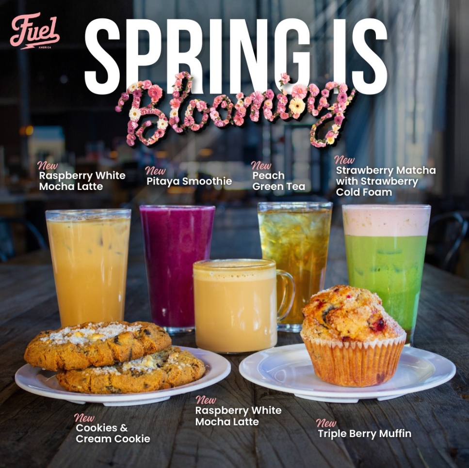 FuelAmericaCo's tweet photo. Spring is officially blooming at Fuel America 🌸☕ Fresh flavors are here, from fruity refreshers to cozy sips and sweet treats. Try our new seasonal favorites like the Pitaya Smoothie, Peach Green Tea, Raspberry White Mocha Latte, and Strawberry Matcha with Strawberry Cold Foam. https://t.co/lu9R8i1Srx