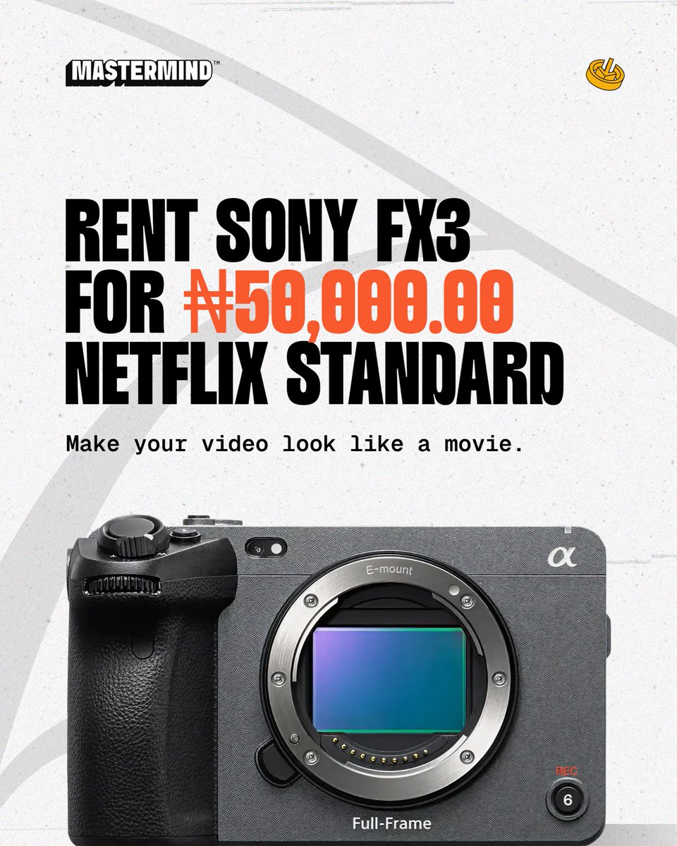 themastermindcc's tweet photo. Rent the Sony FX3 for ₦50,000.

Experience the cinema-standard full-frame sensor, 15+ stops of dynamic range, and pro-grade color science. Designed to make your project look like a movie.

DM to rent today. 🎥
Lagos only. T&amp;Cs apply. https://t.co/Gti16MK8EY