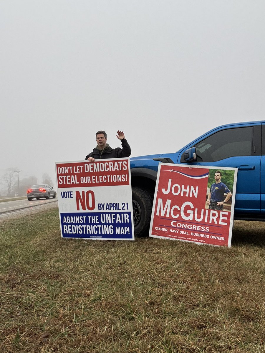 JohnMcGuire4VA's tweet image. I’m out here in the rainy, frogman weather this morning, reminding fellow Virginians to vote no to unfair maps. Early voting starts Friday. Please spread the word!