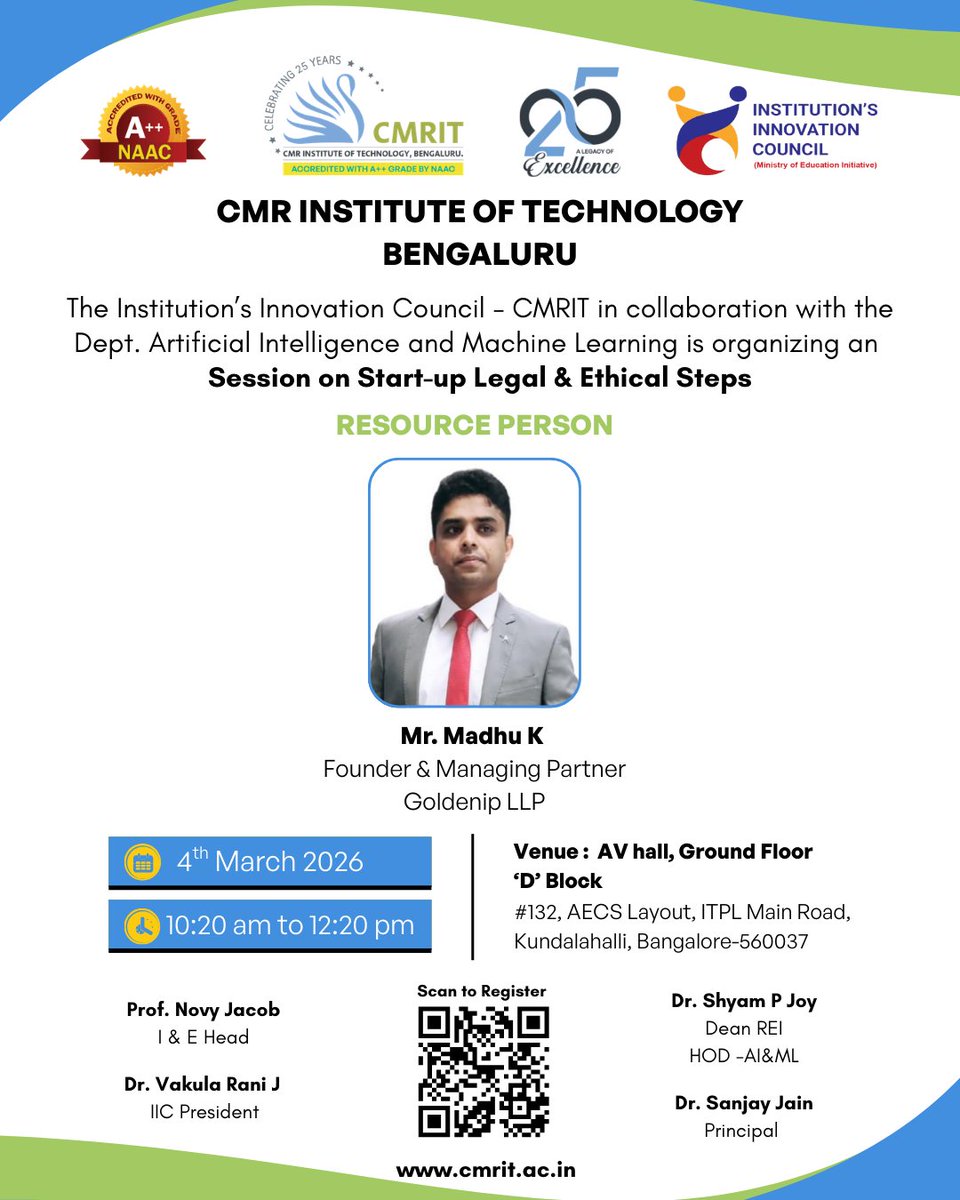 CMRIT_Bengaluru's tweet image. IIC-CMRIT in collaboration with the Department of Artificial Intelligence and Machine Learning is organising a Session on Startup Legal and Ethical Steps on 4th March 2026.

@mhrd_innovation

#cmritbengaluru #cmrit #IIC_CMRIT #mhrd #mhrdiic