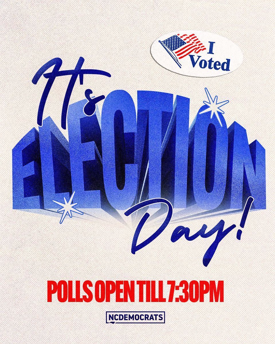 OfficialDEMSEC's tweet photo. Big day, y'all! Get some protein in you, stay hydrated, stay safe, and let's go Jheri Hardaway!! North Carolina State Senate Seat 12!
Polls are open till 7:30PM!
Remember, if you are in line, stay in line! If you're in line by 7:30 you can still cast your vote
#NCpol #VotingDay https://t.co/cXa3uXzkdi
