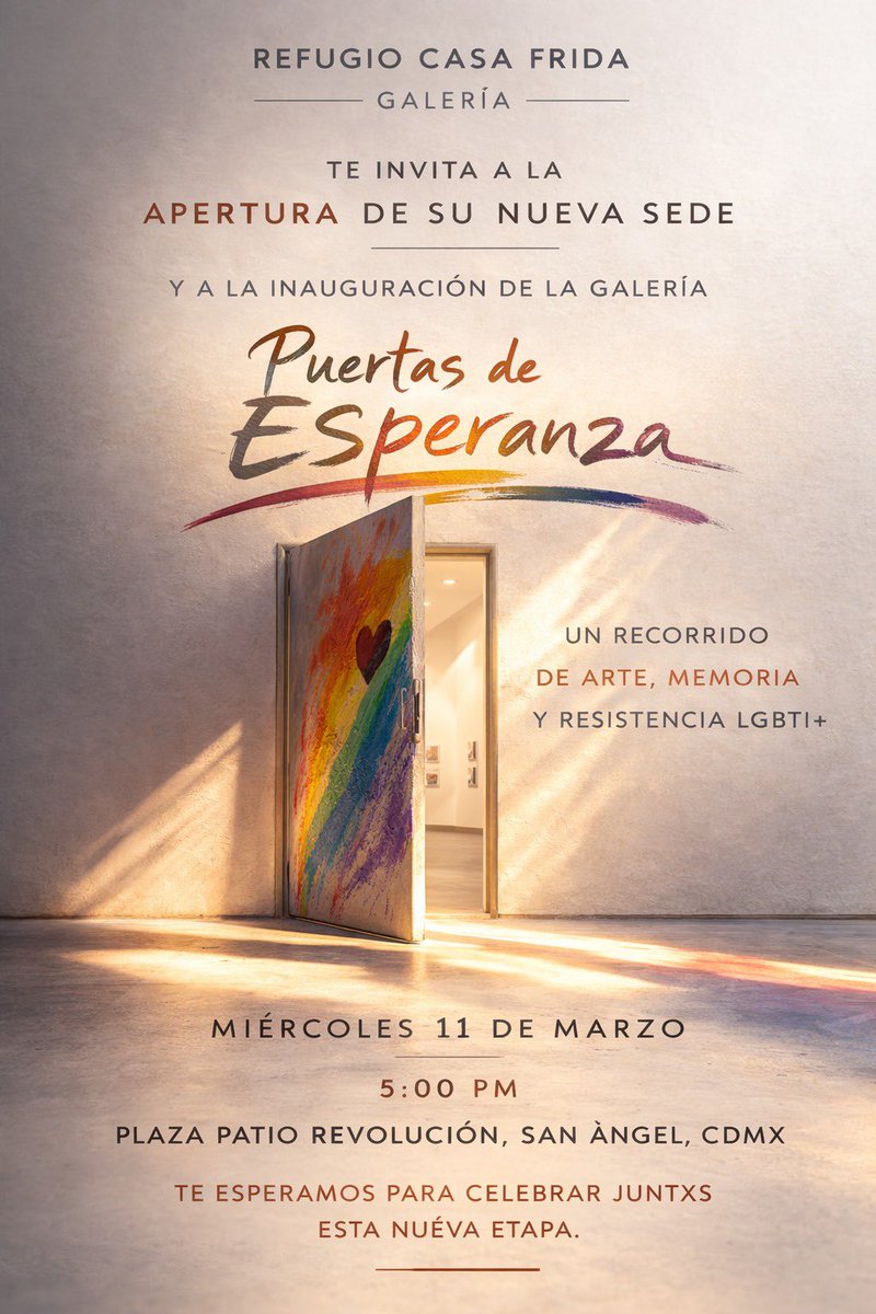 Oigan; la Galería “Puertas de Esperanza” de <a href="/CasaFridaLGBT/">Refugio LGBTIQ 🏳️‍🌈🏳️‍⚧️🇲🇽</a> tiene nueva sede en Patio Revolución en CDMX, ¿me acompañan a la reapertura el próximo miércoles 11? 🌈 Un espacio de resilencia y comunidad. 
<a href="/fundacionfuno/">Fundación FUNO</a> #PatioRevolucion 
#EspacioSeguros 🏳️‍🌈🏳️‍⚧️