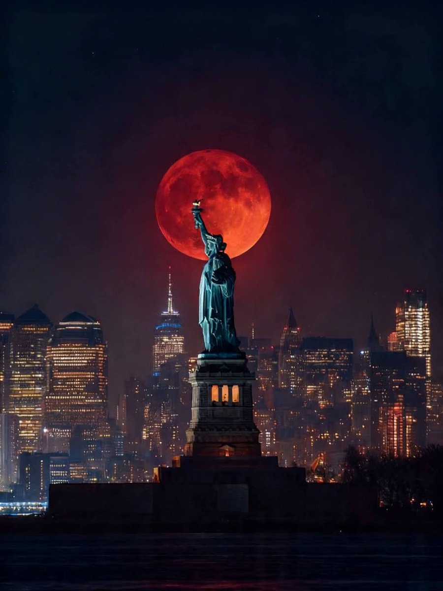 amazing_physics's tweet photo. Breathtaking shot of tonight's Full Red Moon rising over Liberty Statue during a total lunar eclipse. 🌕✨ https://t.co/41NrGi1rNw