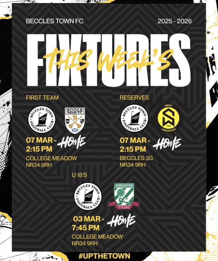 This Weeks Fixtures || 

Three home games to look forward to. 

u18s vs <a href="/gorlestonfc/">Gorleston Football Club</a> u18s 
First Team vs <a href="/ScoleUnited/">Scole United FC</a> 
Reserves vs <a href="/southwalshamfc/">SWFC Lingwood</a> 

Thanks to <a href="/southwalshamfc/">SWFC Lingwood</a> for agreeing to bring the fixture forward and onto the 3G 🤝 

#BTFC #UpTheTown ⚫️⛵️⚪️