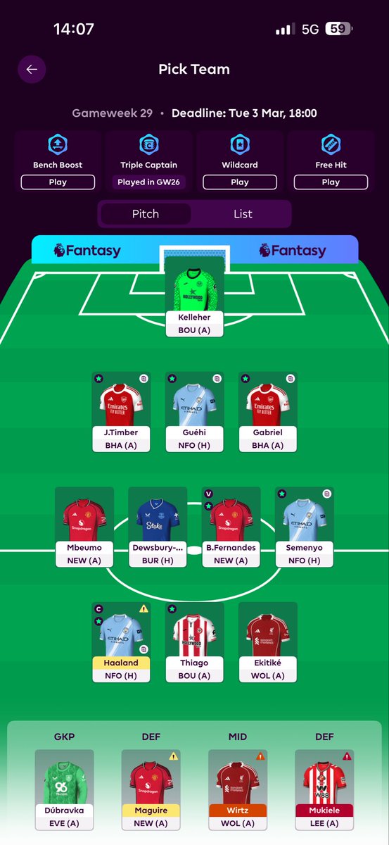 FPL_Marshall's tweet photo. GW29 Preview 👀

1 transfer &amp; 0.1 in the bank 

A lot of flagged players but I think my team is ok to roll the transfer 🔄

Moves I’m considering leading up to GW31

Wirtz🔄Wilson
Timber🔄VVD

Sesko 🤔👀

Expecting Haaland to be fit🤖

#FPL #FPLCommunity https://t.co/F7HmTKMphW