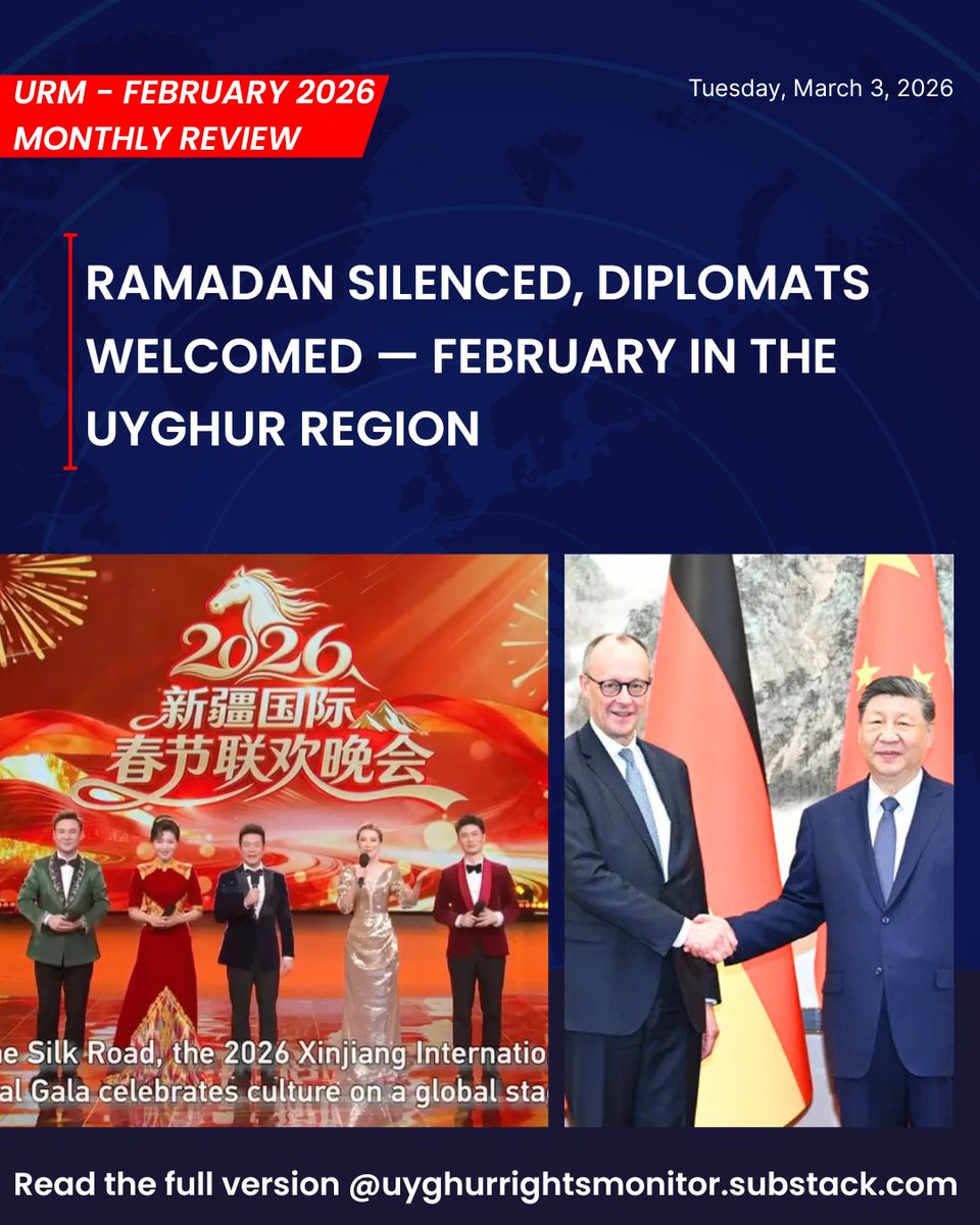 UyghurMonitor's tweet photo. Beijing replaced Ramadan with a state-mandated gala, courted Merz &amp; Gulf capital, and opened direct flights from Istanbul to Urumchi. Walnut exports up 44% - on forced labor. The erasure is accelerating. The world is applauding. Read the full review at https://t.co/MwziD131Qu https://t.co/cLiAwwbBXk