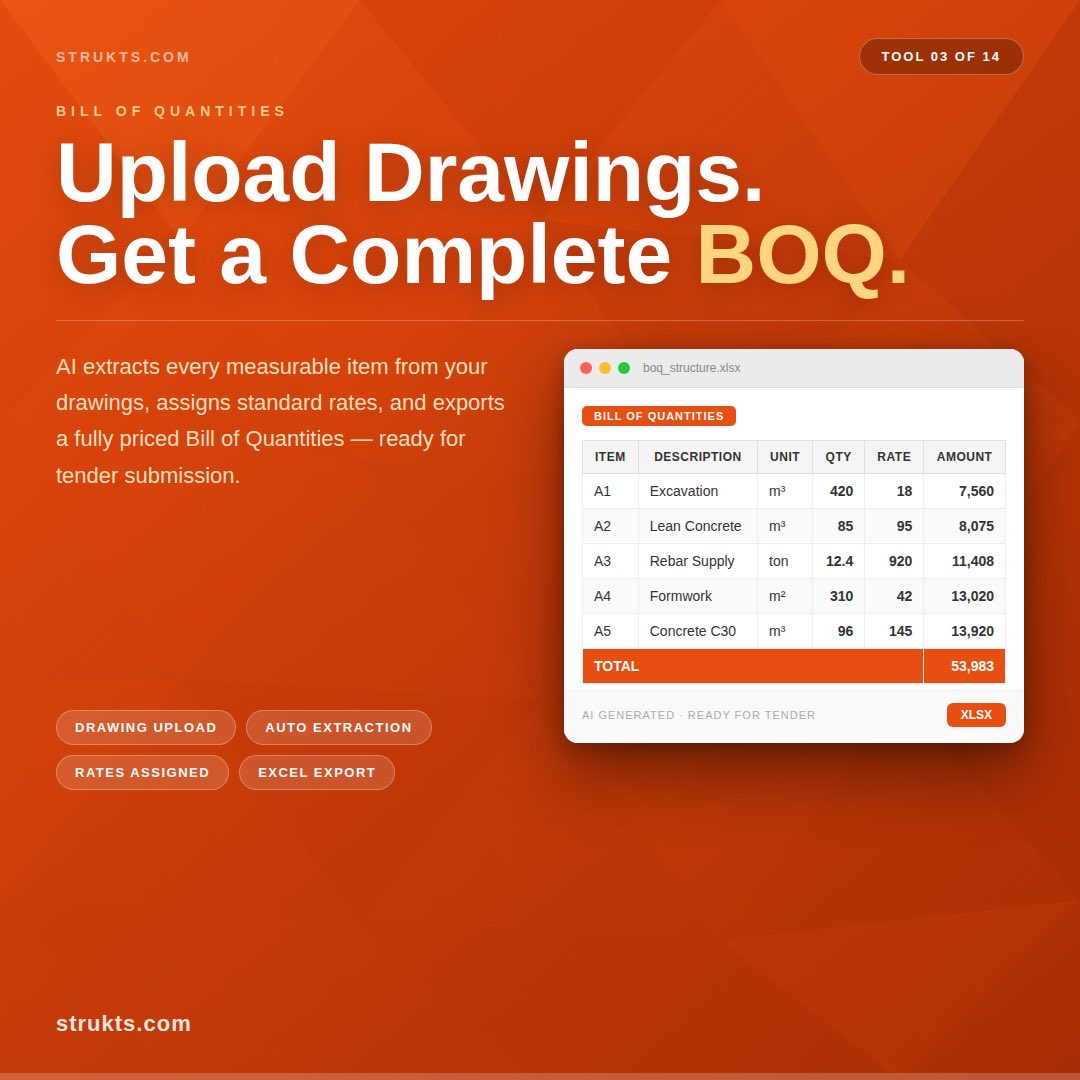 strukts's tweet photo. Upload your drawings. Strukts extracts every measurable item, assigns rates, and exports a fully priced BOQ — ready for tender, no manual takeoff required.

🔗 https://t.co/t7xLf34Rv1
#ConstructionTech #BOQ #QuantitySurveying #AI #Tendering https://t.co/y88hEqmwmk