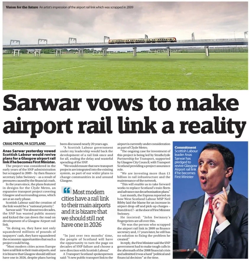 Alison_S_Taylor's tweet photo. ⁦@AnasSarwar⁩ commitment to #Paisley after a successful ⁦@ScottishLabour⁩ conference in #Paisley last week featured his announcement yesterday to finally construct a rail link to #GlasgowAirport in today’s #PaisleyDailyExpress https://t.co/cv5YvObKSb