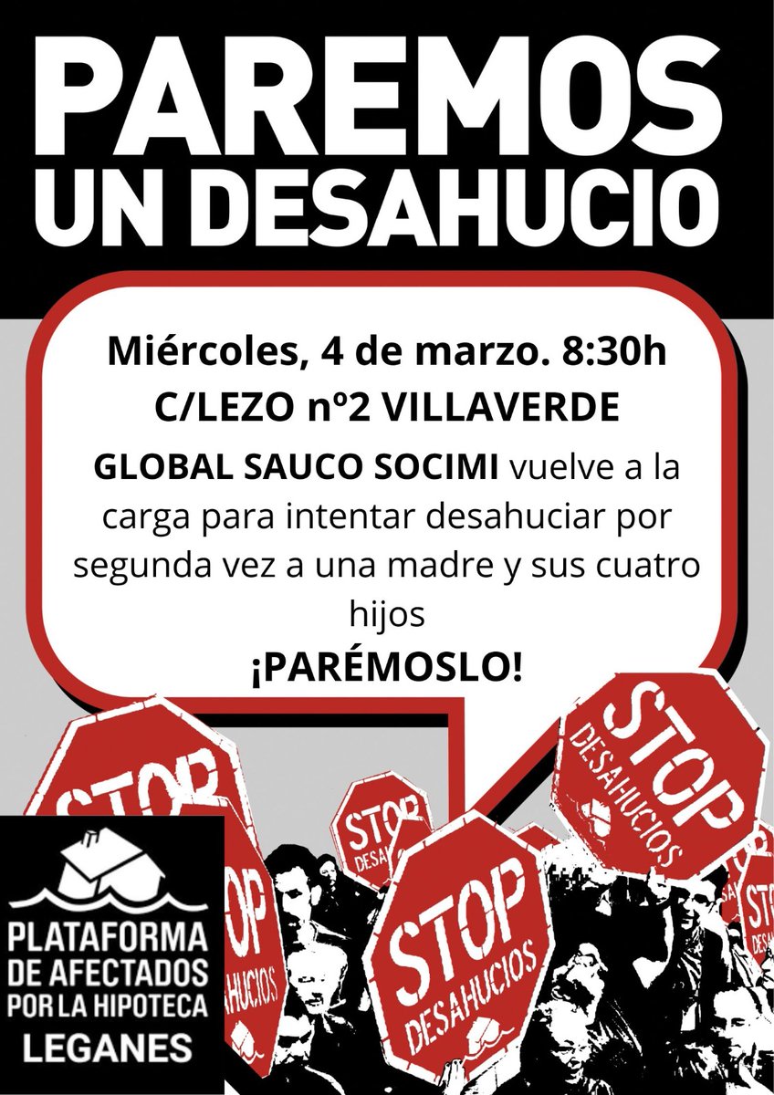 PahLeganes's tweet image. #AlertaDesahucio

Esto es no parar, como preveíamos es un #TsunamiDeDesahucios de familias vulnerables tras la caída del RDL de moratoria de desahucios.

Ayer tuvimos en #Fuenlabrada y mañana otro en #Villaverde

Convocamos #StopDesahucios 2° intento para una madre y sus 4 hijos