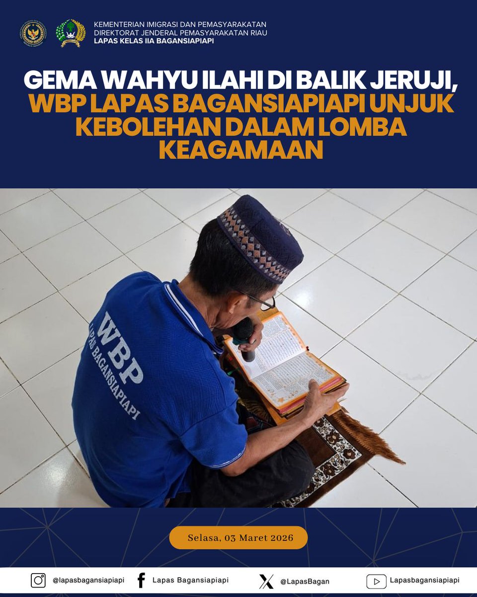 LapasBagan's tweet photo. GEMA WAHYU ILAHI DI BALIK JERUJI, WBP LAPAS BAGANSIAPIAPI UNJUK KEBOLEHAN DALAM LOMBA KEAGAMAAN

BAGANSIAPIAPI – Suasana di dalam Lembaga Pemasyarakatan (Lapas) Kelas IIA Bagansiapiapi mendadak syahdu. Alunan suara azan yang menggetarkan hati serta lantunan ayat suci Al-Qur’an https://t.co/ZQ0K68kpxi