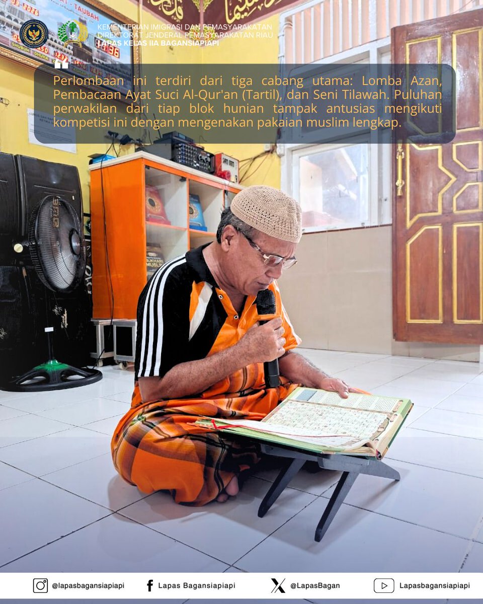 LapasBagan's tweet photo. GEMA WAHYU ILAHI DI BALIK JERUJI, WBP LAPAS BAGANSIAPIAPI UNJUK KEBOLEHAN DALAM LOMBA KEAGAMAAN

BAGANSIAPIAPI – Suasana di dalam Lembaga Pemasyarakatan (Lapas) Kelas IIA Bagansiapiapi mendadak syahdu. Alunan suara azan yang menggetarkan hati serta lantunan ayat suci Al-Qur’an https://t.co/ZQ0K68kpxi
