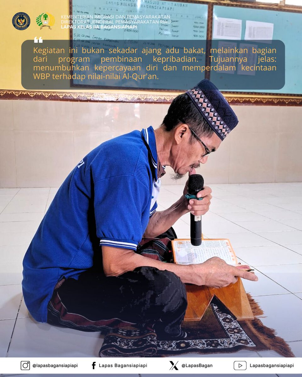 LapasBagan's tweet photo. GEMA WAHYU ILAHI DI BALIK JERUJI, WBP LAPAS BAGANSIAPIAPI UNJUK KEBOLEHAN DALAM LOMBA KEAGAMAAN

BAGANSIAPIAPI – Suasana di dalam Lembaga Pemasyarakatan (Lapas) Kelas IIA Bagansiapiapi mendadak syahdu. Alunan suara azan yang menggetarkan hati serta lantunan ayat suci Al-Qur’an https://t.co/ZQ0K68kpxi