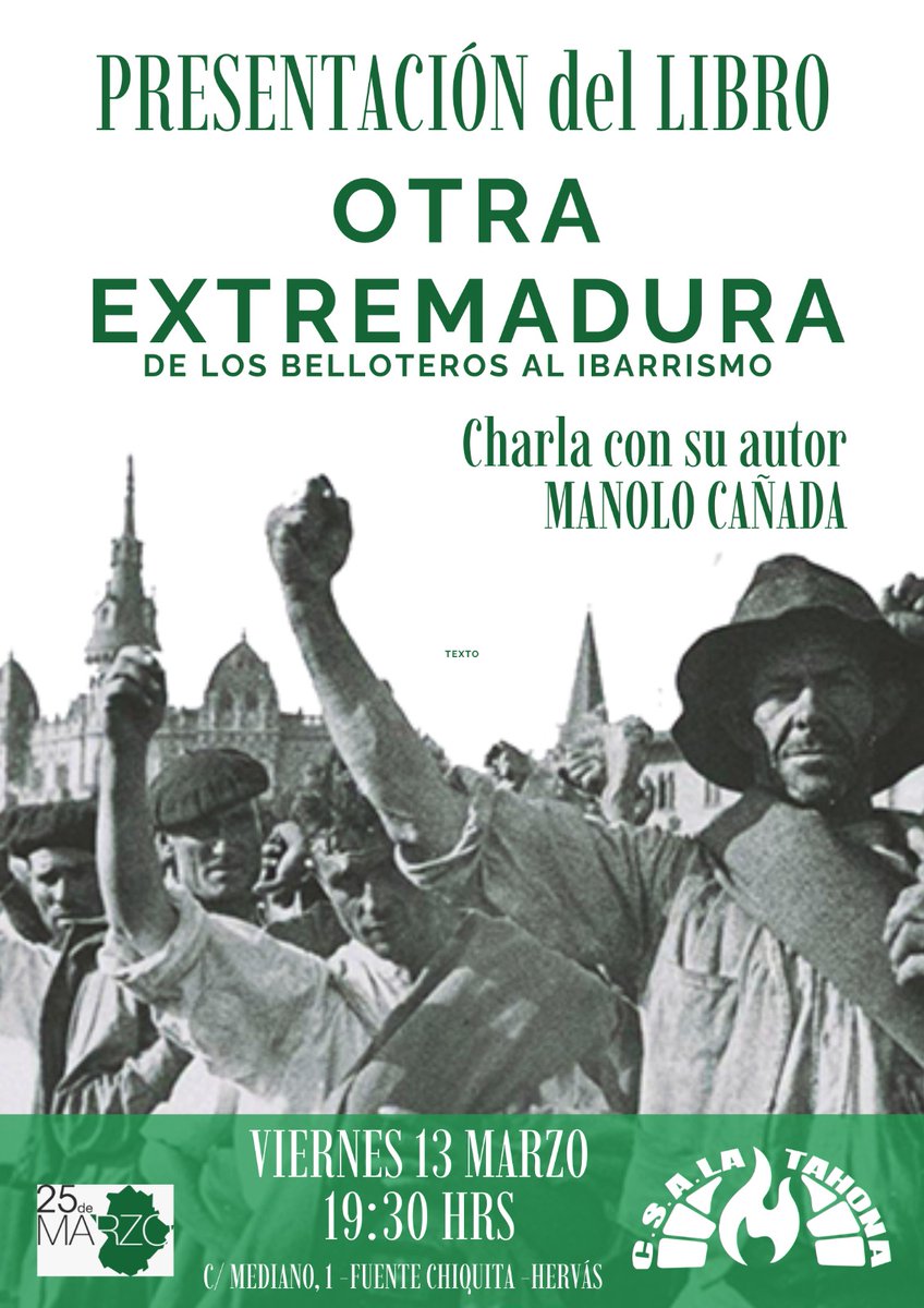 📕 𝗣𝗥𝗘𝗦𝗘𝗡𝗧𝗔𝗖𝗜𝗢́𝗡 𝗗𝗘 ❜𝗢𝗧𝗥𝗔 𝗘𝗫𝗧𝗥𝗘𝗠𝗔𝗗𝗨𝗥𝗔. 𝗗𝗘 𝗟𝗢𝗦 𝗕𝗘𝗟𝗟𝗢𝗧𝗘𝗥𝗢𝗦 𝗔𝗟 𝗜𝗕𝗔𝗥𝗥𝗜𝗦𝗠𝗢❜

📌 En Hervás, en el CSA La tahona.
📆 Viernes 13 de marzo.
🕗 19:30 horas.

Con su autor Manuel Cañada Porras.