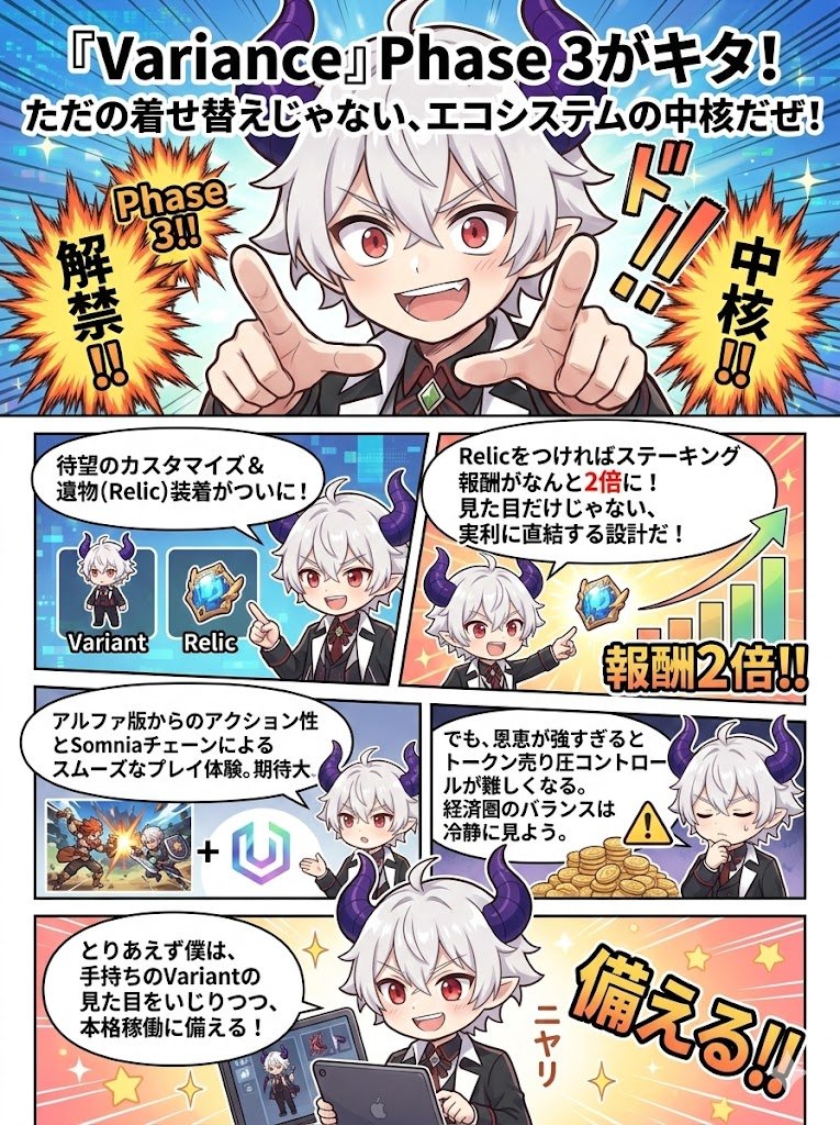 mapupresident's tweet image. #Variance #Somnia 
VarianceのPhase3がきたけど、これはただのアバター着せ替えじゃなくてエコシステムの中核になりそうだね。

アニメ調ローグライトRPGの『Variance』で、Variant（キャラ）のカスタマイズやRelic（遺物）の装着がついに解禁されたみたい。