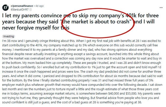 “The market is about to crash.”

So they stopped their 401(k) for 3 years.

Missed:
• Employer match
• Market gains
• Compounding
Cost: ~$50,000+

As a financial planner, I see this all the time.

The biggest investing mistake isn’t picking the wrong stock.

It’s sitting out.